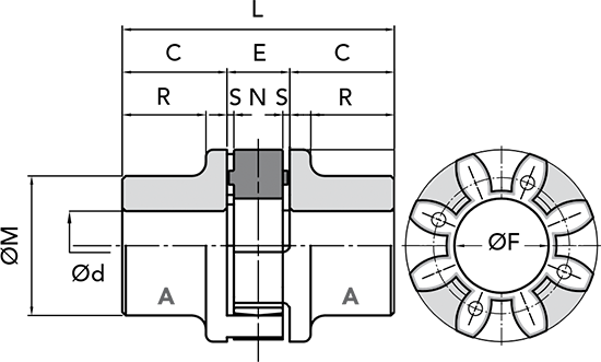 Чертеж с размерами алюминиевой кулачковой муфты GE-T 38A-45B в исполнении A-A с черным упругим элементом