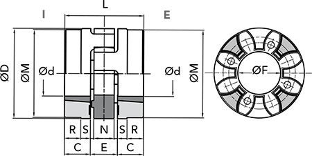 Чертеж с размерами кулачковой муфты GE-T 28-38 TL в исполнении EI с желтым эластичным элементом