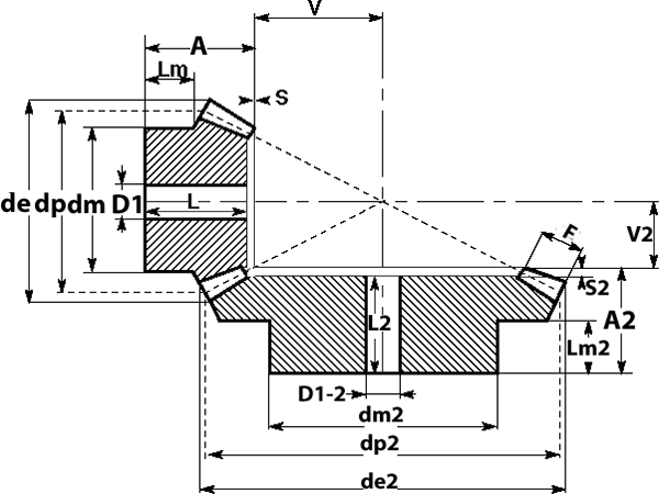 Чертеж конической пары шетерен с передаточным числом 1:2, модулем 4.5, 16 и 32 зуба тип A