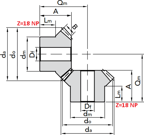 Чертеж шестерни конической модуля M2.5 1:1 Z=18 NP