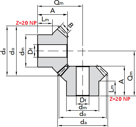 Чертеж шестерни конической модуля M2 1:1 Z=20 NP
