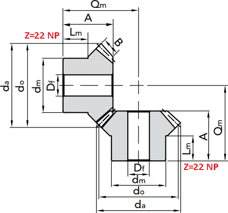 Чертеж шестерни конической модуля M2 1:1 Z=22 NP
