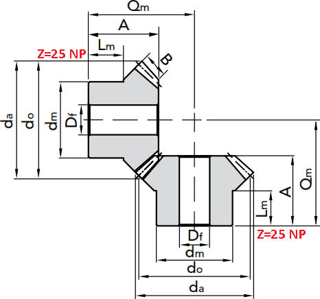 Чертеж шестерни конической модуля M1 1:1 Z=25 NP