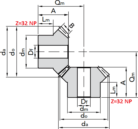 Чертеж шестерни конической модуля M1 1:1 Z=32 NP