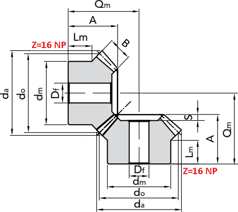 Чертеж шестерни конической модуля M3.5 1:1 Z=16 NP