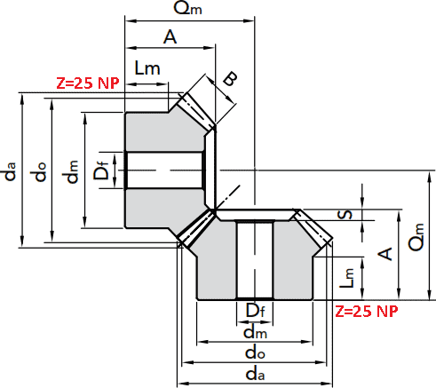 Чертеж шестерни конической модуля M3.5 1:1 Z=25 NP
