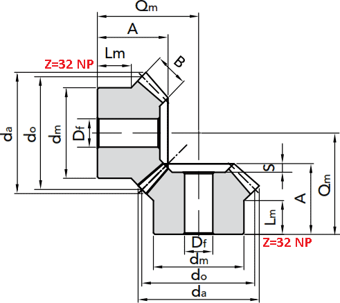 Чертеж шестерни конической модуля M5 1:1 Z=32 NP