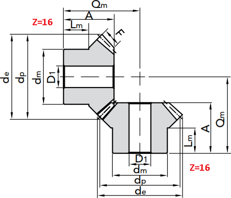 Чертеж шестерни конической модуля M5 1:1 Z=16