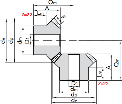 Чертеж шестерни конической модуля M4.5 1:1 Z=22