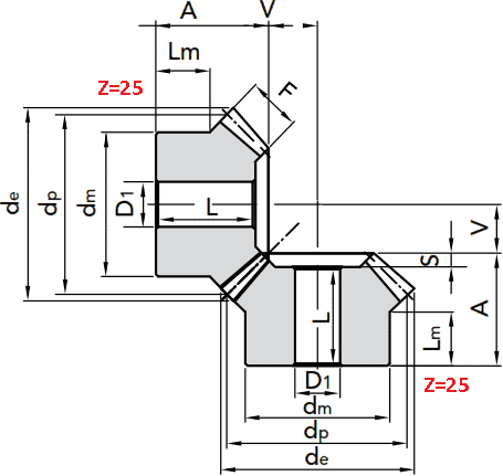 Чертеж шестерни конической модуля M3 1:1 Z=25