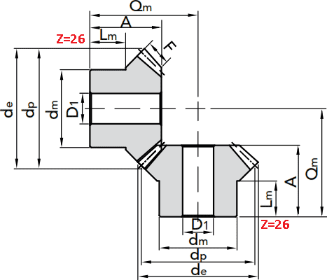 Чертеж шестерни конической модуля M2.5 1:1 Z=26
