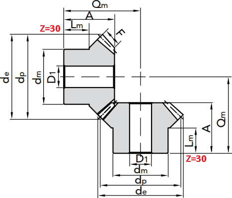 Чертеж шестерни конической модуля M5 1:1 Z=30