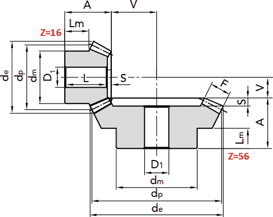 Чертеж шестерни конической модуля M2.5 1:3.5 Z=16
