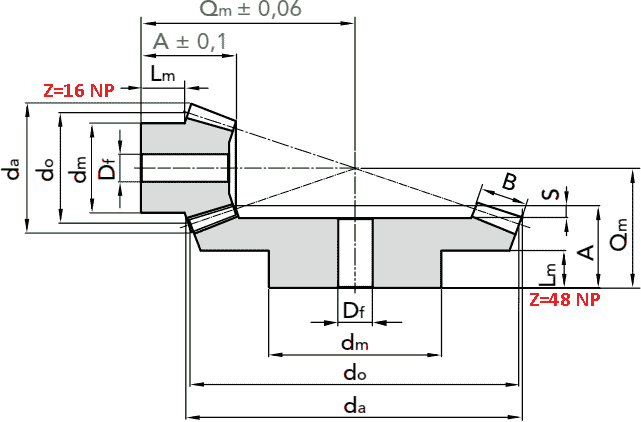 Чертеж шестерни конической модуля M1.5 1:3 Z=48 NP