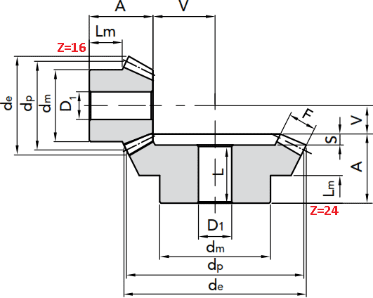 Чертеж шестерни конической модуля M1 1:1.5 Z=16
