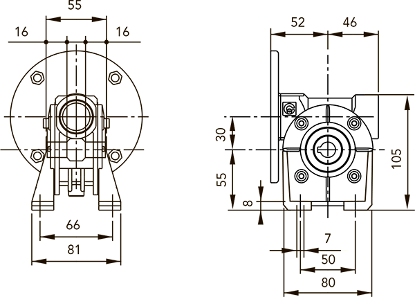 Вид и размеры при стандартном расположении лап редуктора CH 03 i=20 для 56 типоразмера электродвигателя