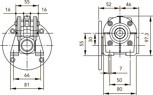 Вид и размеры при расположении лап в варианте N редуктора CH 03 i=60 для 63 типоразмера электродвигателя