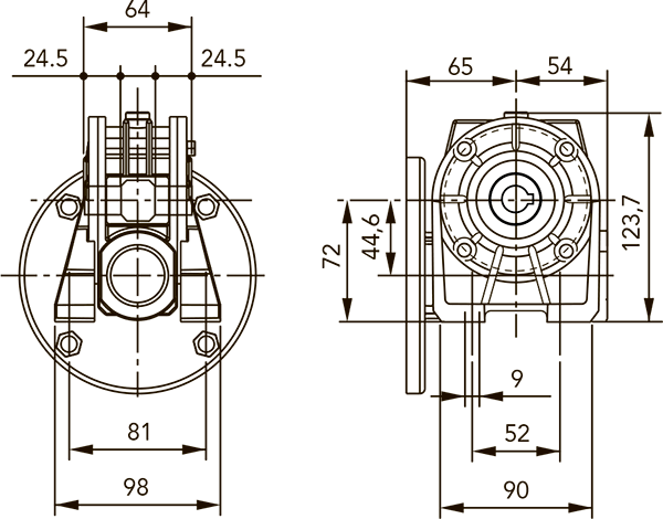 Вид и размеры при расположении лап в варианте N редуктора CH 03 i=35 для 63 типоразмера электродвигателя