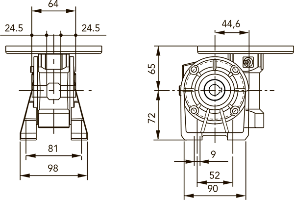 Вид и размеры при расположении лап в варианте V редуктора CH 03 i=28 для 63 типоразмера электродвигателя