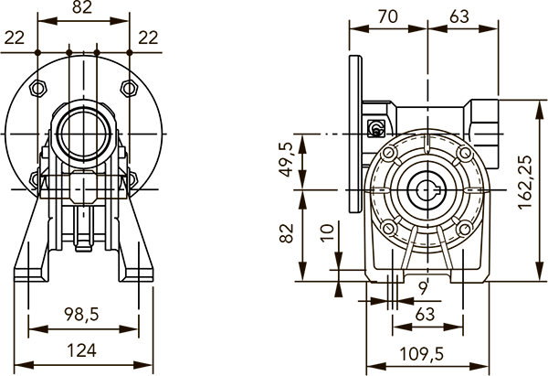 Вид и размеры при стандартном расположении лап редуктора CH 03 i=70 для 63 типоразмера электродвигателя