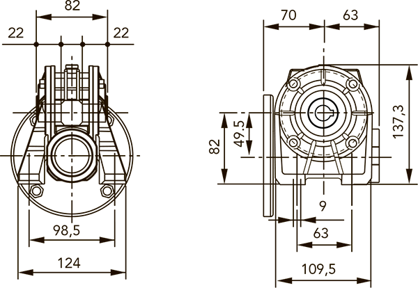 Вид и размеры при расположении лап в варианте N редуктора CH 03 i=14 для 71 типоразмера электродвигателя
