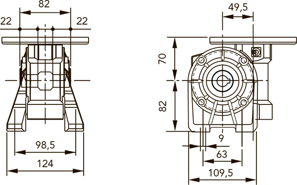 Вид и размеры при расположении лап в варианте V редуктора CH 03 i=10 для 71 типоразмера электродвигателя