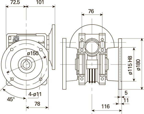 Вид и размеры при креплении удлиненного бокового фланеца справа или слева редуктора CH 06 i=7 для 90 типоразмера электродвигателя