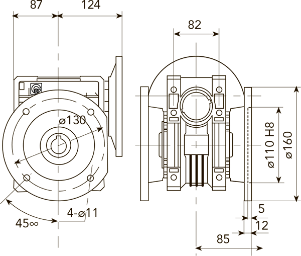 Вид и размеры при креплении  бокового фланеца меньшего диаметра справа или слева редуктора CH 07 i=15 для 100 или 112 типоразмера электродвигателя