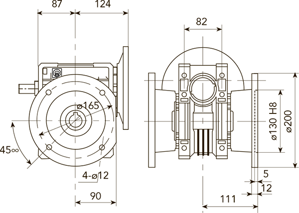 Вид и размеры при креплении удлиненного бокового фланеца справа или слева редуктора CHE 07 i=80 для 71 типоразмера электродвигателя
