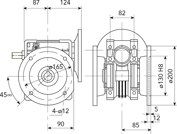 Вид и размеры при креплении бокового фланеца справа или слева редуктора CHE 07 i=60 для 90 типоразмера электродвигателя