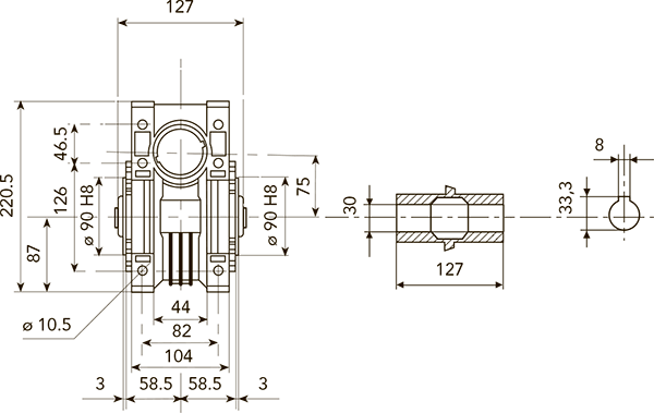Вид сзади и размеры редуктора CHR 07 i=15