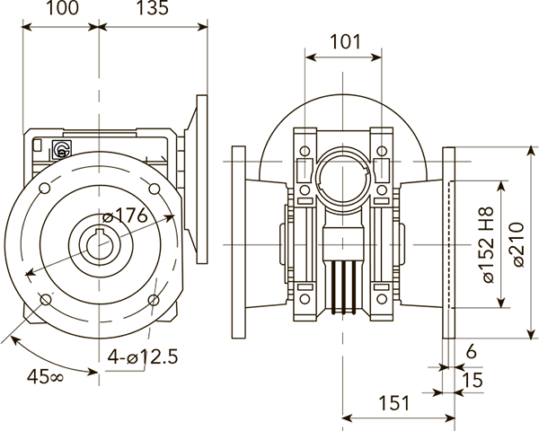 Вид и размеры при креплении удлиненного бокового фланеца справа или слева редуктора CH 08 i=100 для 100 или 112 типоразмера электродвигателя
