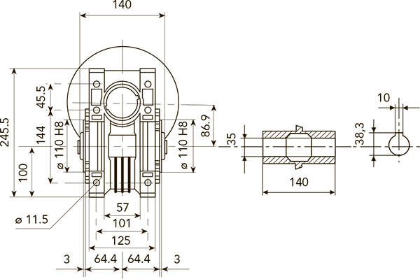 Вид сзади и размеры редуктора CH 08 i=15 для 100 или 112 типоразмера электродвигателя