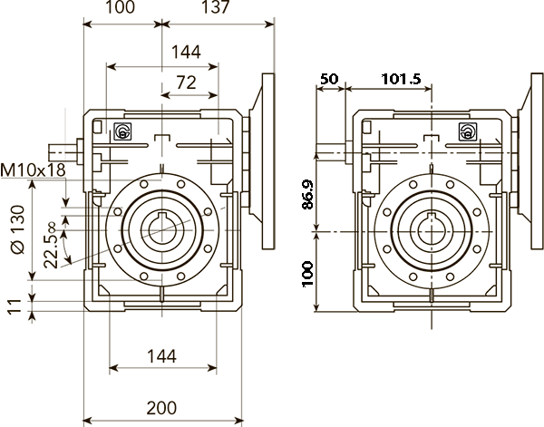 Вид сбоку и размеры редуктора CHE 08 i=56 для 100 типоразмера электродвигателя