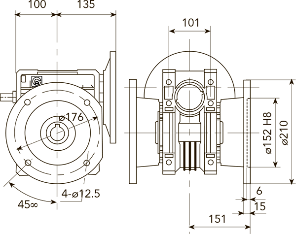 Вид и размеры при креплении удлиненного бокового фланеца справа или слева редуктора CHE 08 i=64 для 100 типоразмера электродвигателя