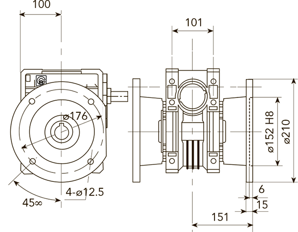 Вид и размеры при креплении удлиненного бокового фланеца справа или слева редуктора CHR 08 i=56