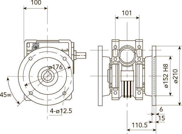 Вид и размеры при креплении бокового фланеца справа или слева редуктора CHR 08 i=46