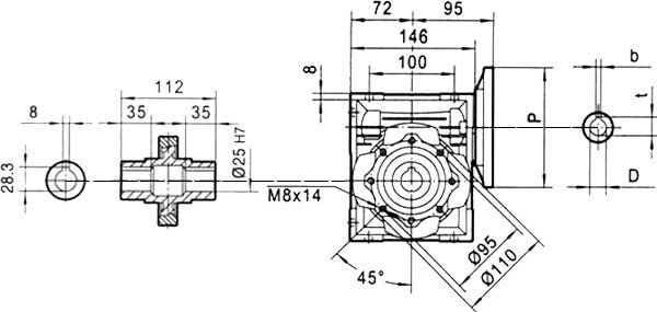 Вид сбоку и размеры редуктора CHM-63 i=80 71 типоразмер электродвигателя