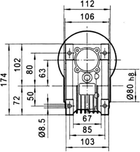 Вид сзади и размеры редуктора CHM-63 i=10 71 габарит электромотора