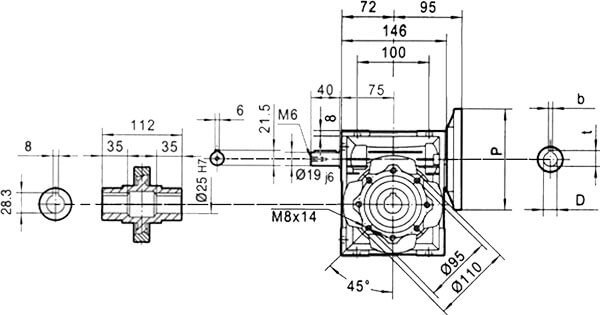 Вид сбоку и размеры редуктора CHME-63 i=100 71 типоразмер электродвигателя