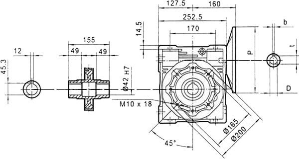 Вид сбоку и размеры редуктора CHM-110 i=15 100 или 112 типоразмер электродвигателя