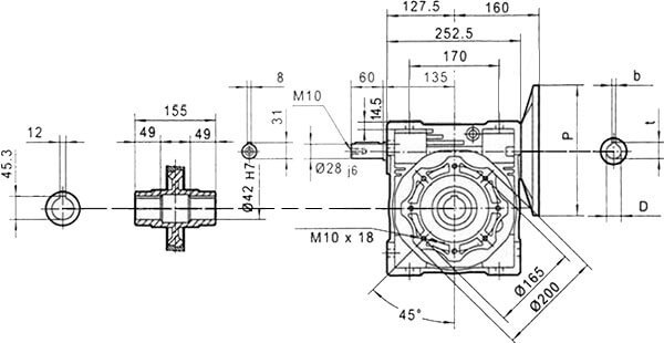 Вид сбоку и размеры редуктора CHME-110 i=15 100 или 112 типоразмер электродвигателя