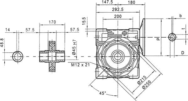 Вид сбоку и размеры редуктора CHM-130 i=60 100 или 112 типоразмер электродвигателя