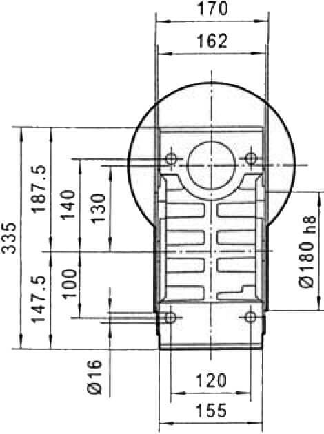 Вид сзади и размеры редуктора CHM-130 i=30 100 или 112 габарит электромотора