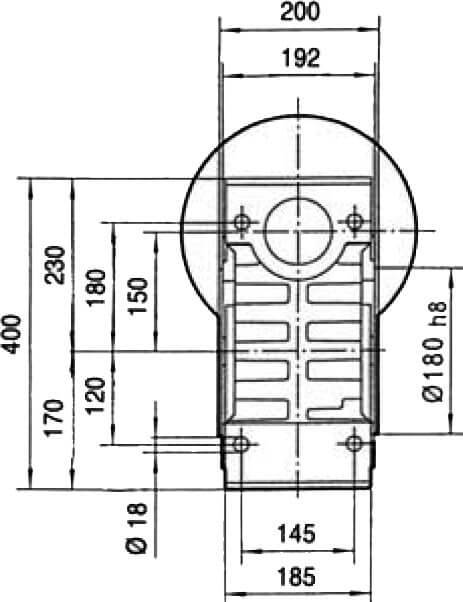 Вид сзади и размеры редуктора CHM-150 i=7,5 160 габарит электромотора