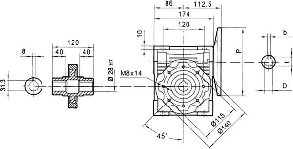 Вид сбоку и размеры редуктора CHM-75 i=100 71 типоразмер электродвигателя
