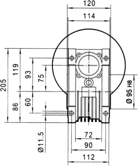 Вид сзади и размеры редуктора CHM-75 i=15 100 или 112 габарит электромотора