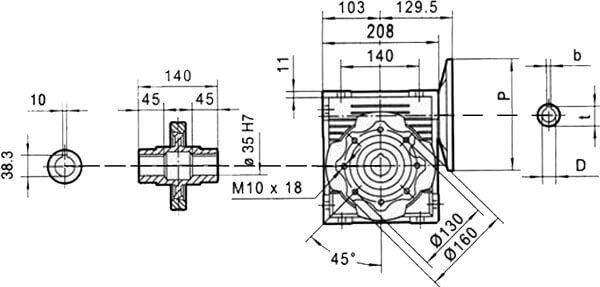 Вид сбоку и размеры редуктора CHM-90 i=25 100 или 112 типоразмер электродвигателя