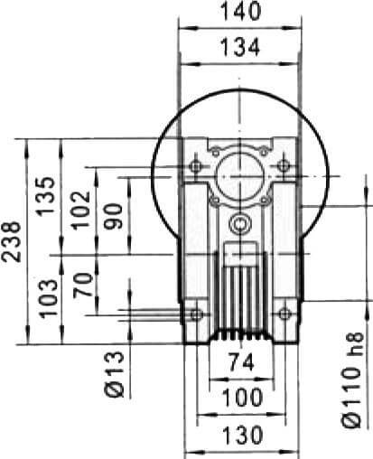 Вид сзади и размеры редуктора CHM-90 i=7,5 90 габарит электромотора