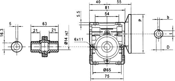 Вид сбоку и размеры редуктора CHM-30 i=80 56 типоразмер электродвигателя